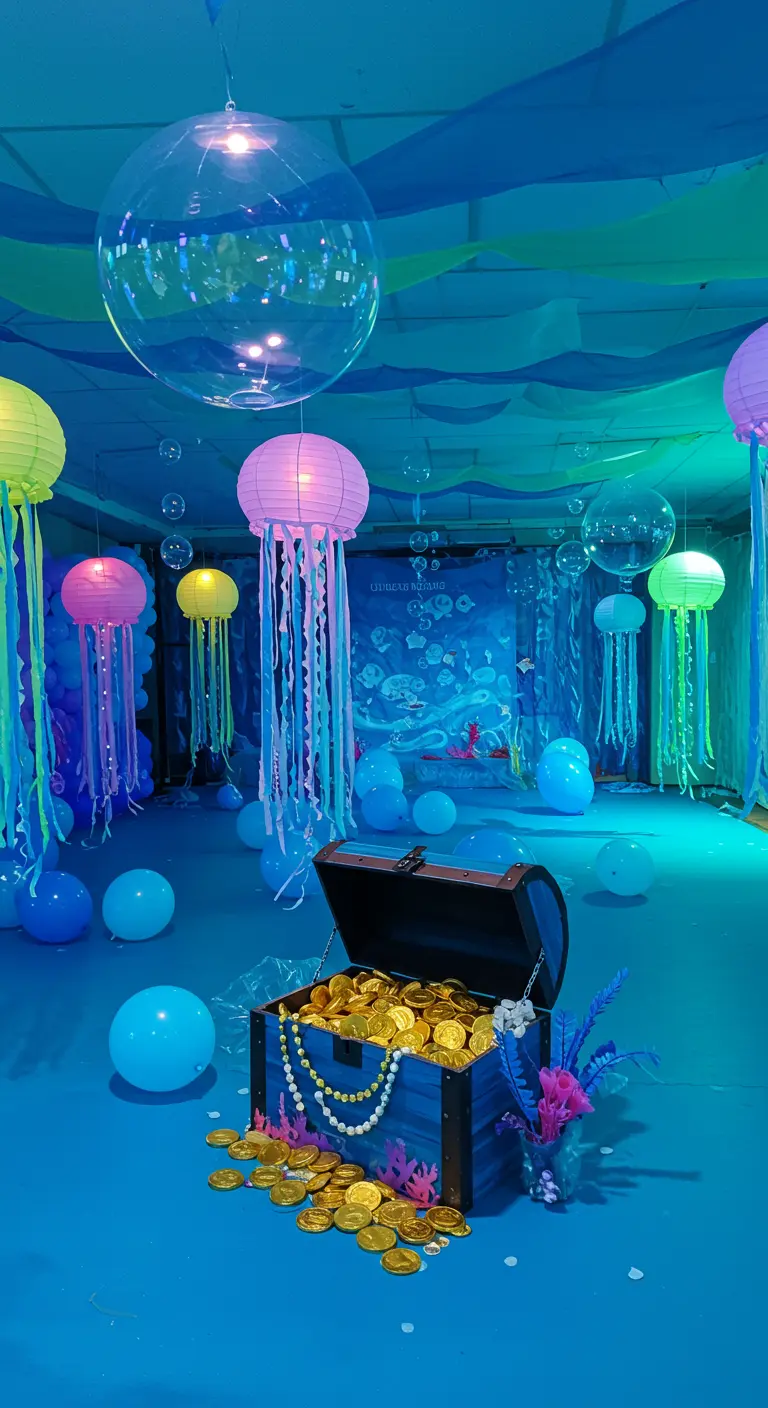 An under-the-sea party with jellyfish lanterns, blue lighting, and a treasure chest.