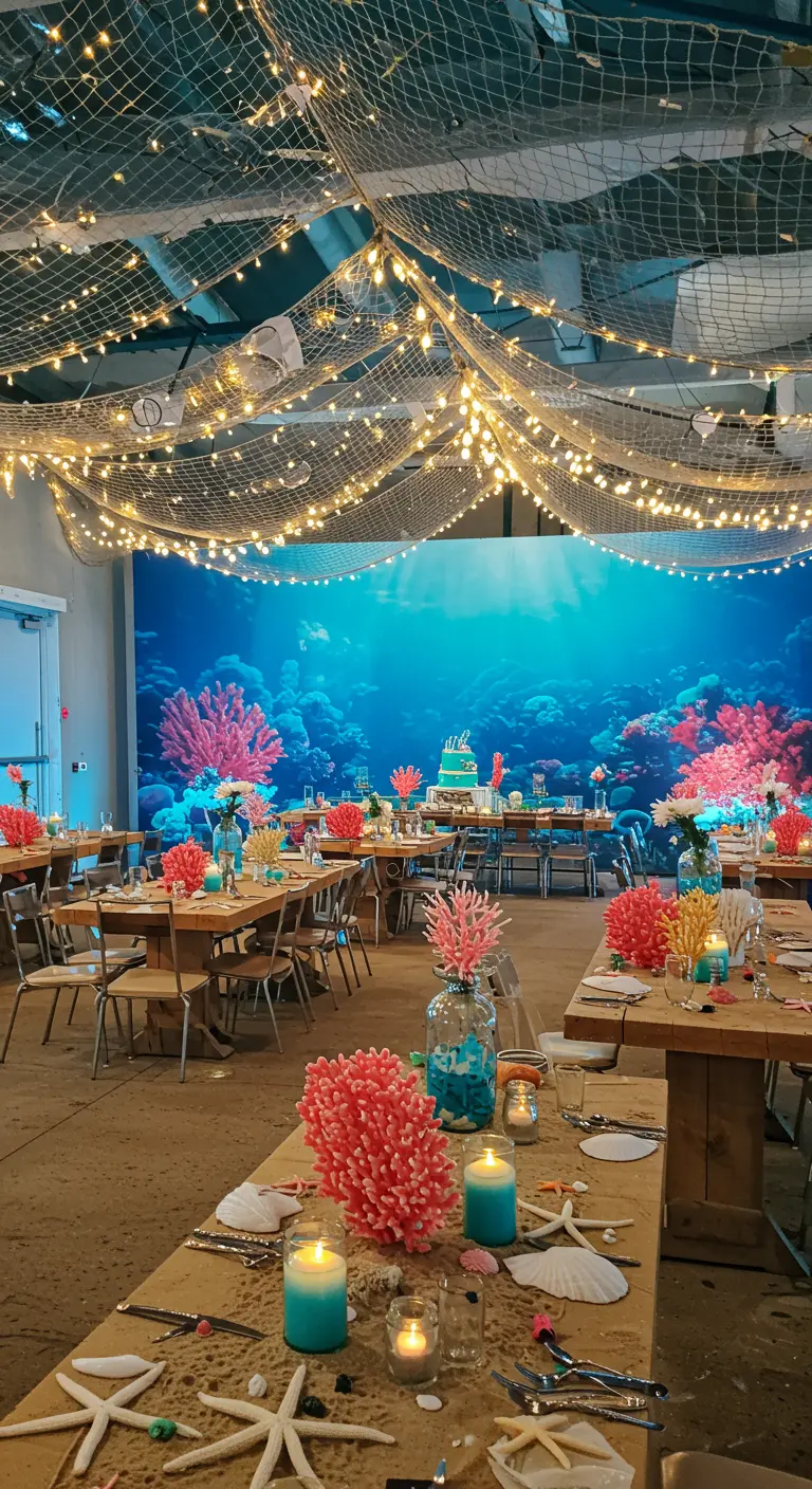 A party room decorated with an underwater theme, featuring fishing nets and coral.