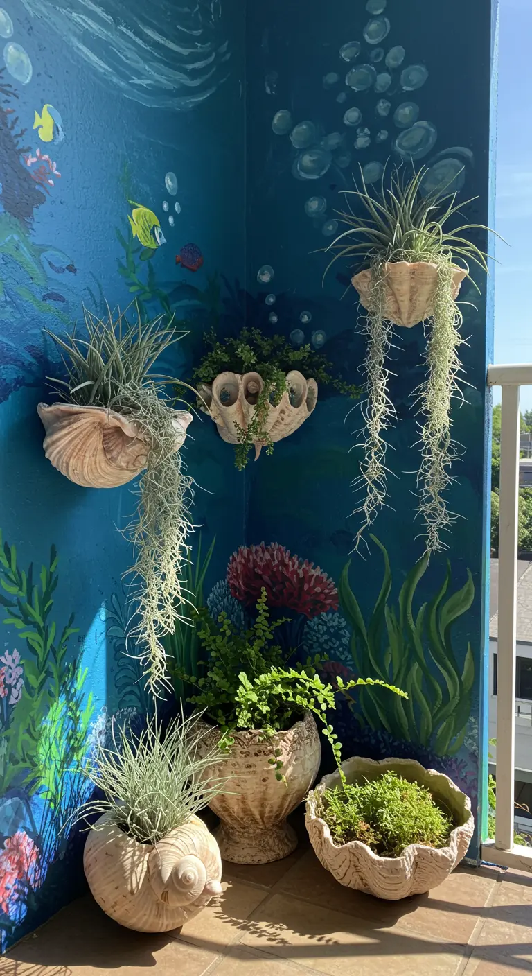 An ocean-themed balcony with a blue mural and shell-shaped planters holding trailing air plants.