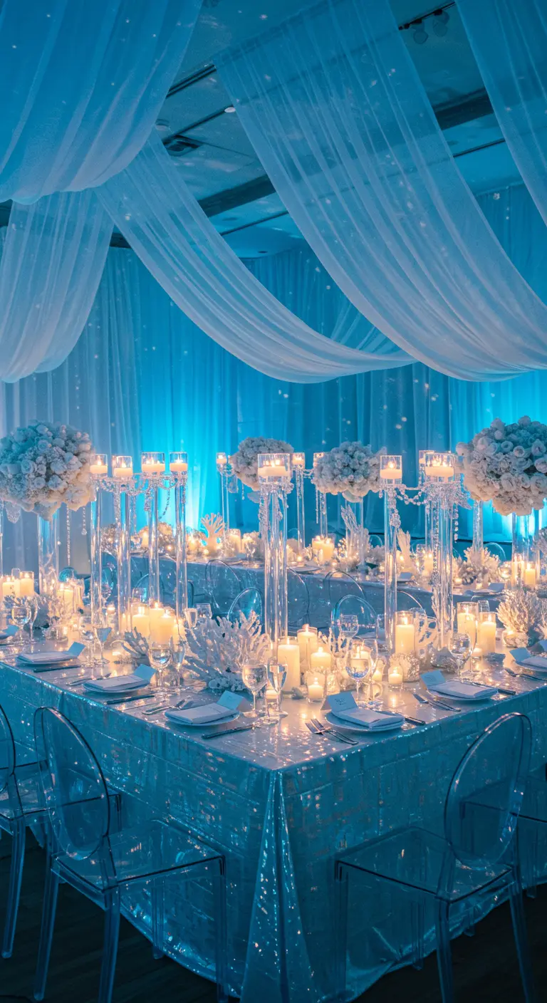 A fantastical dining setting with blue lighting, draped white fabric, and coral centerpieces.