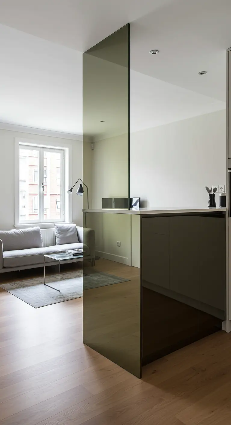 A floor-to-ceiling smoked mirror panel dividing a living room from a kitchen area.
