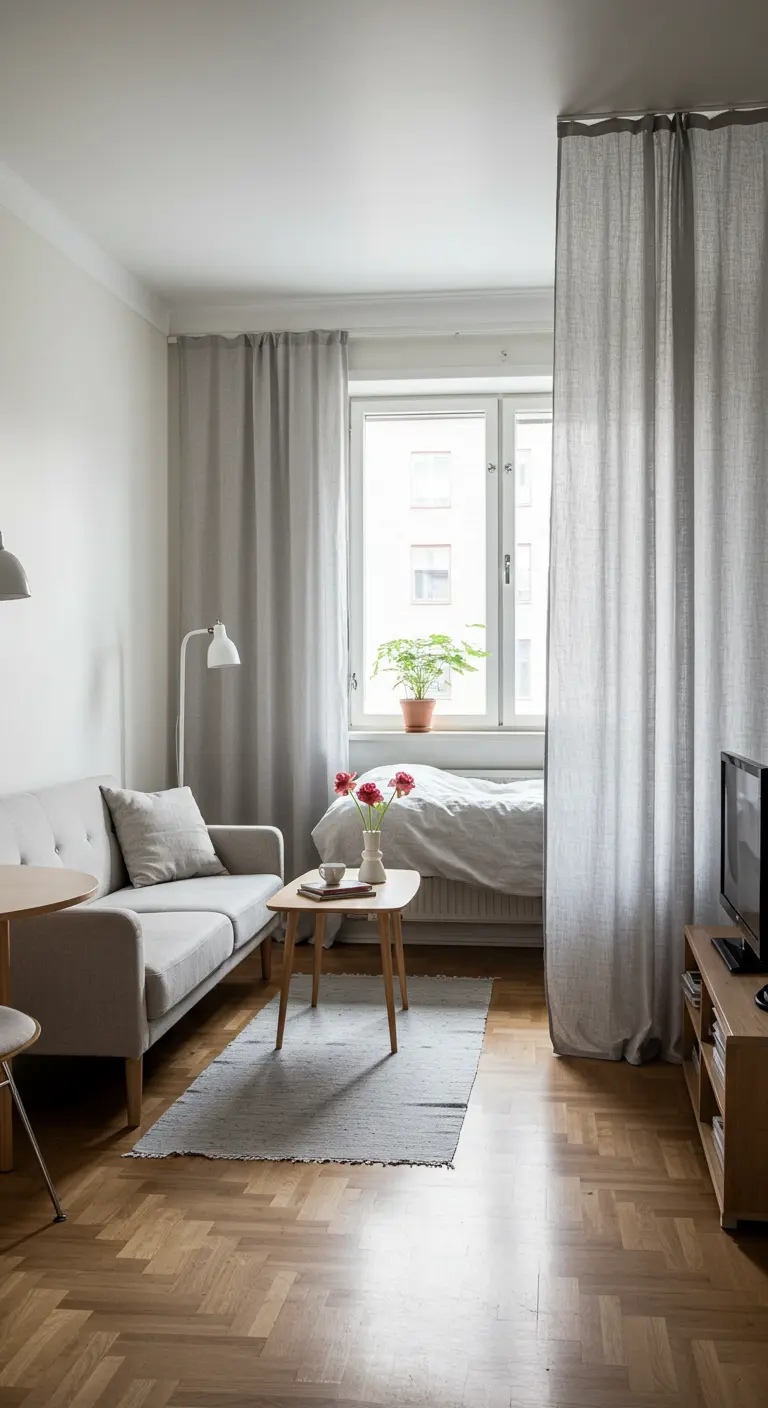 Studio apartment where a grey linen curtain separates the bed from the living area.