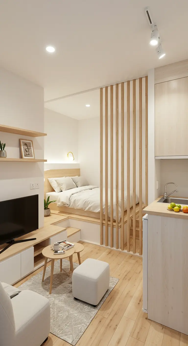 A small studio apartment with a wood slat partition separating the bed from the living area.