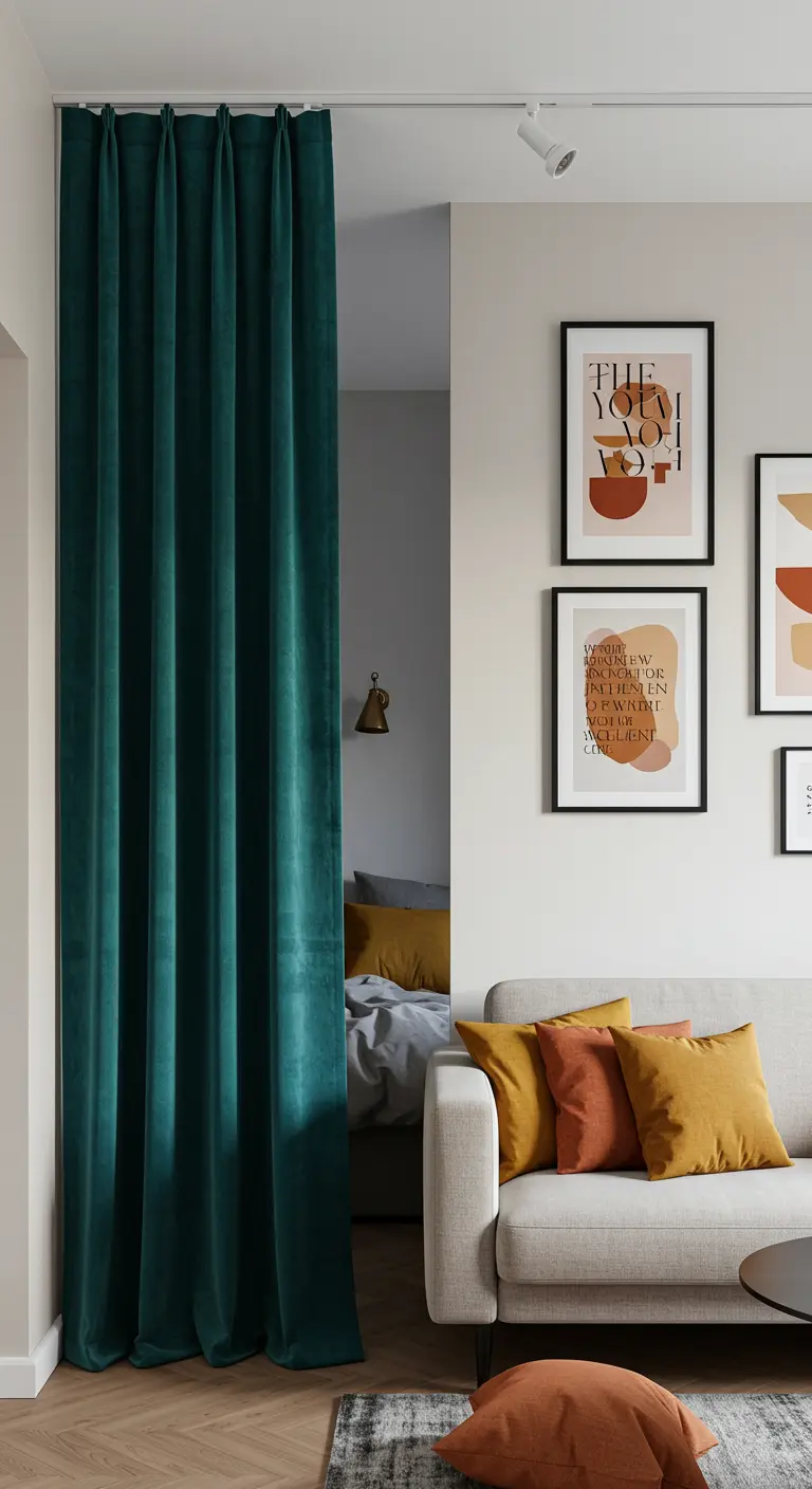 A deep teal velvet curtain separates a sleeping area from the living room.