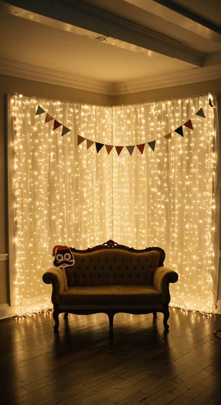 A vintage sofa in front of a fairy light curtain, creating a festive photo booth backdrop.