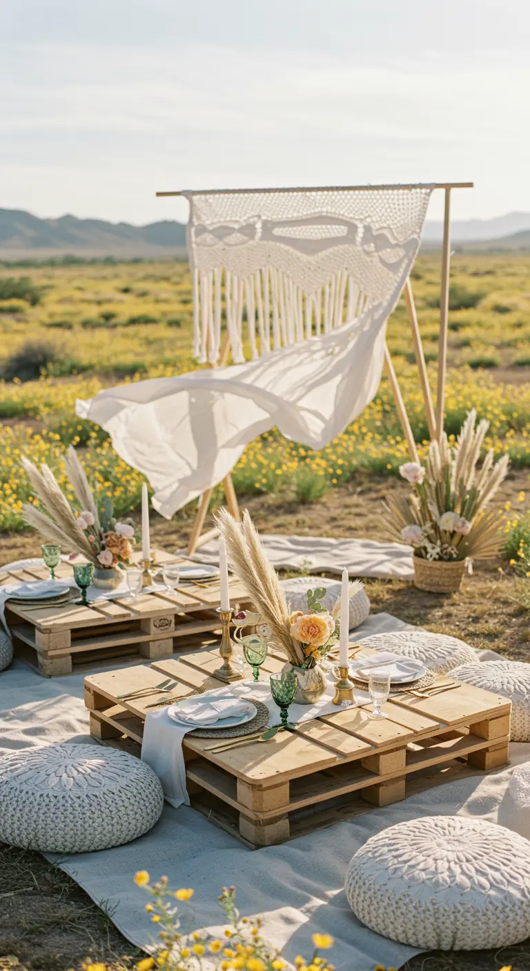A romantic picnic with a pallet table, pillows, and a macrame hanging in a field of flowers.