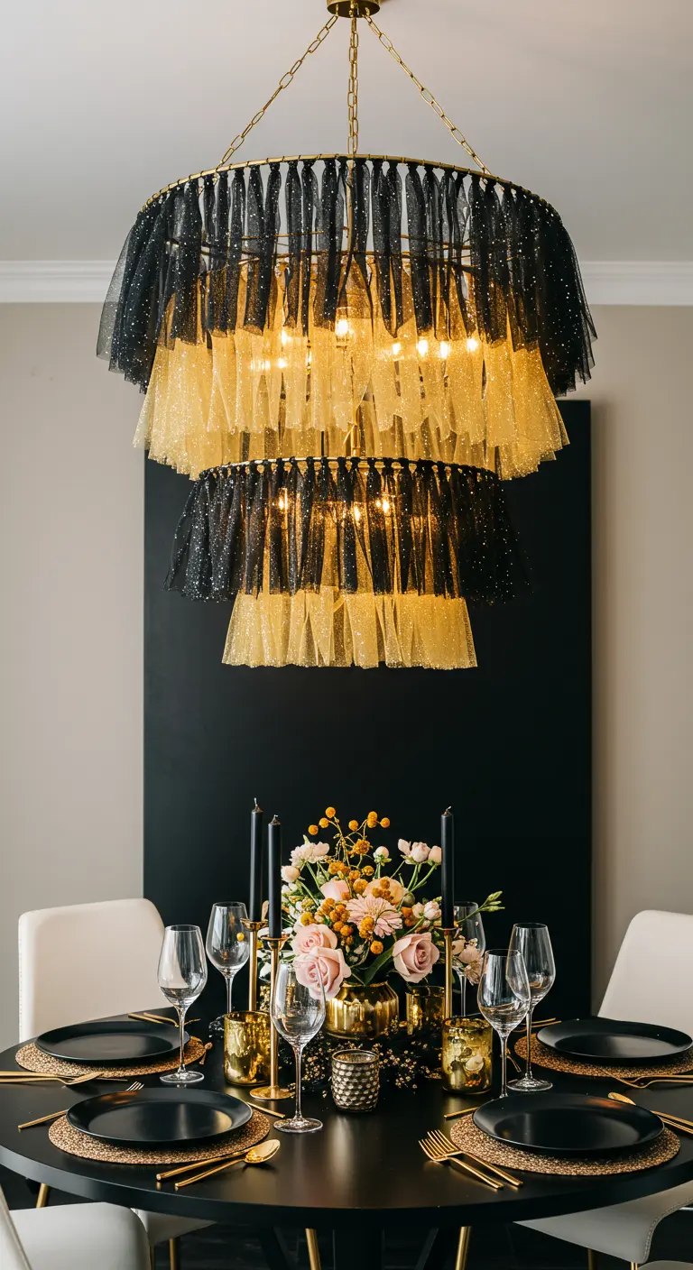 A tiered DIY chandelier made from black and gold glitter tulle.