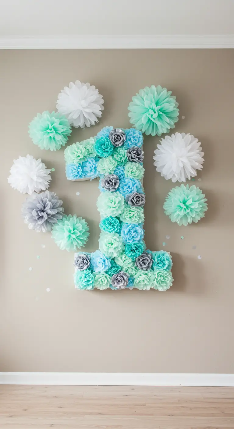 The number '1' made from small blue, mint, and grey pom-poms, hung on a wall.