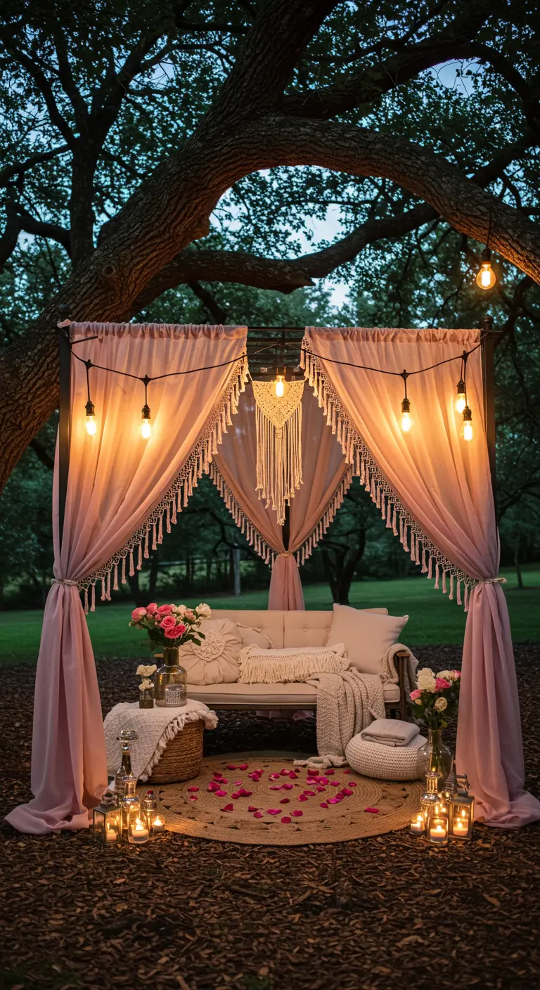 A romantic outdoor seating area with pink curtains featuring tassel fringe, set up under a tree.
