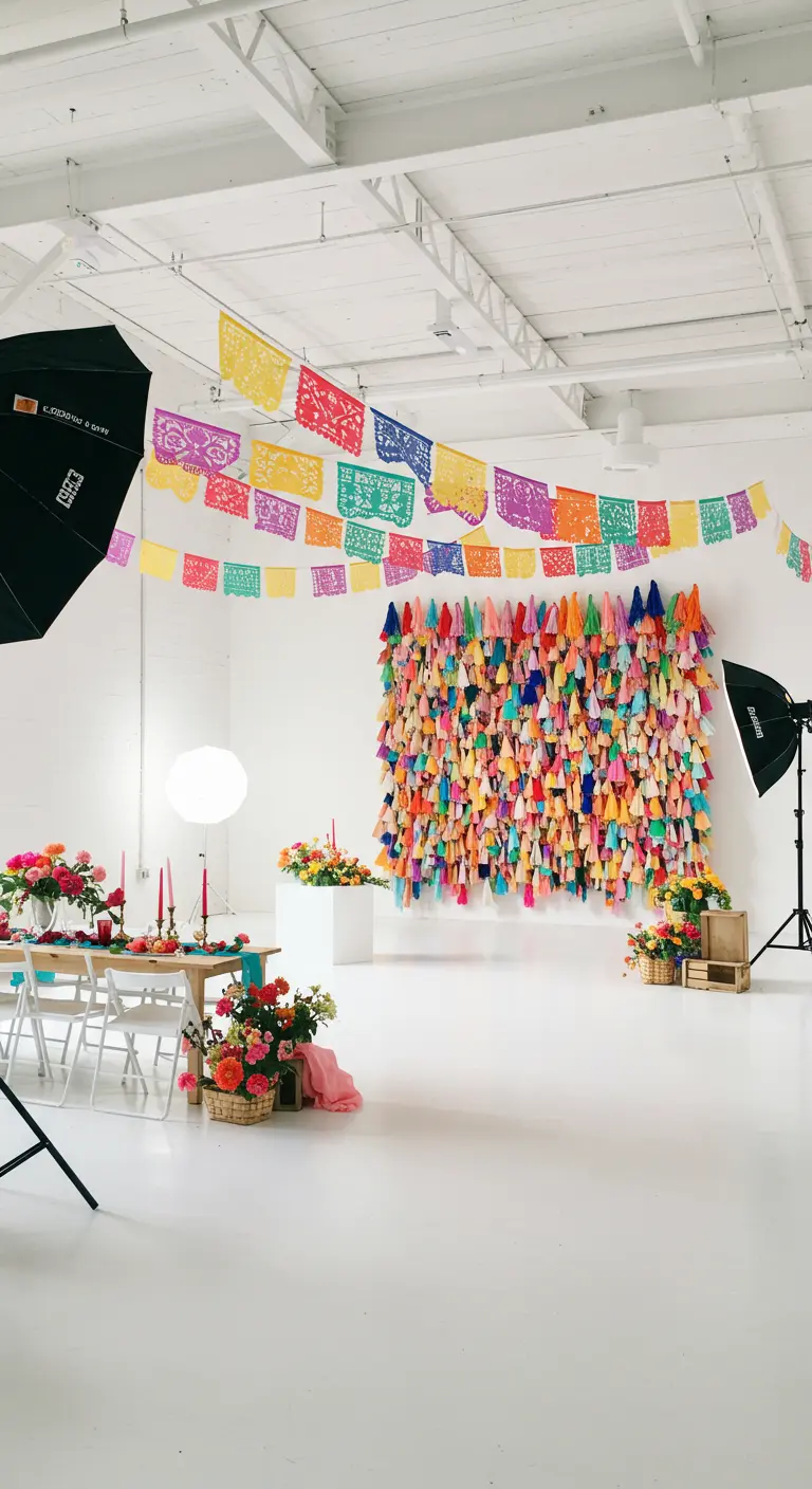 A massive, colorful wall made entirely of tassels serves as a party backdrop in a white studio.