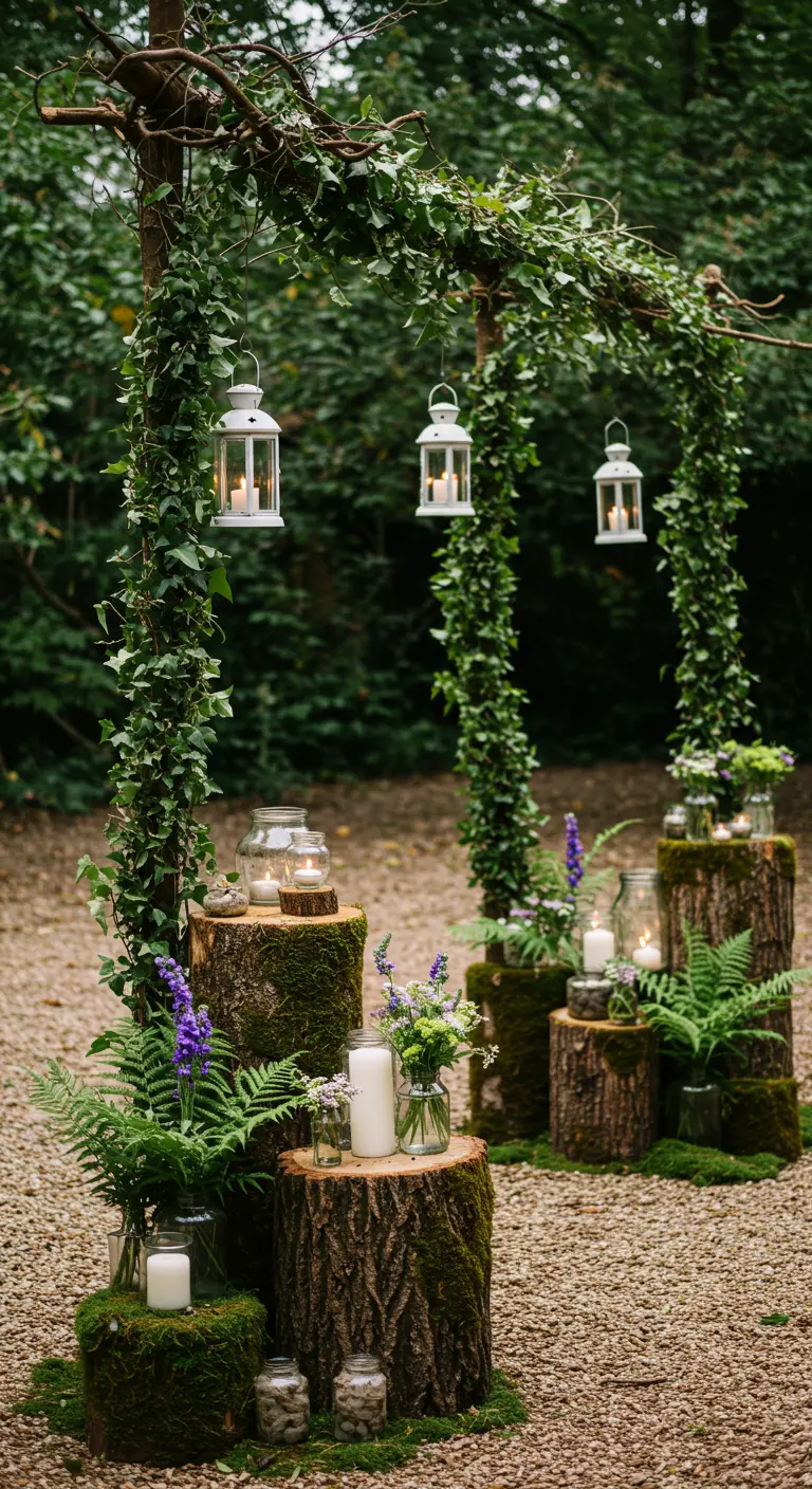 Wedding altar made of ivy-wrapped branches and flower arrangements on log stumps.