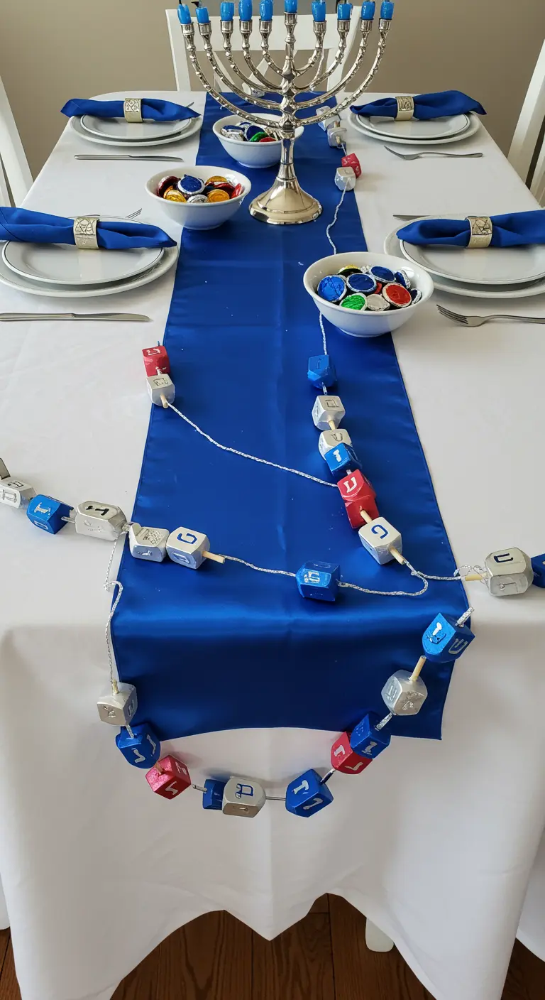 A white tablecloth with a blue runner decorated with a DIY garland made of colorful dreidels.
