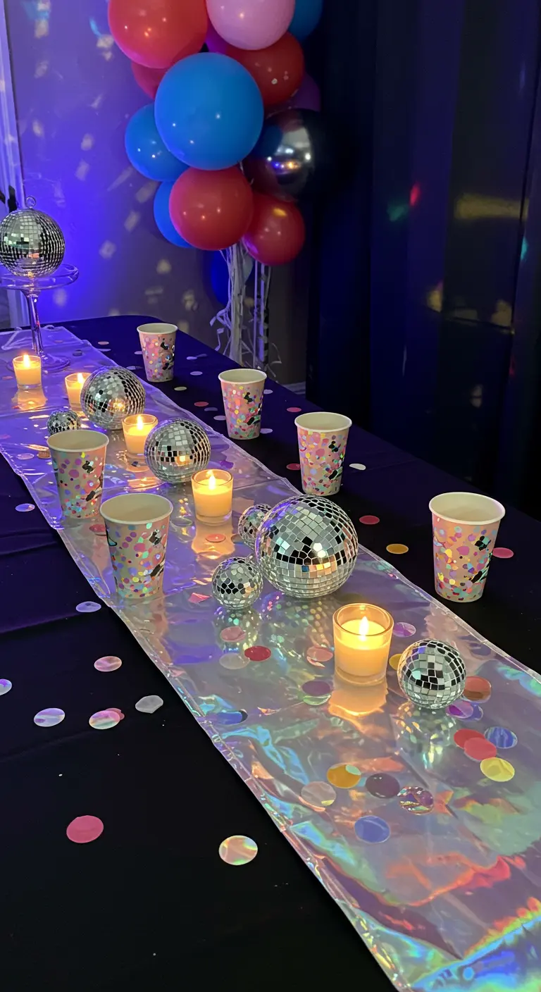 A party table with an iridescent runner, mini disco balls, and votive candles.