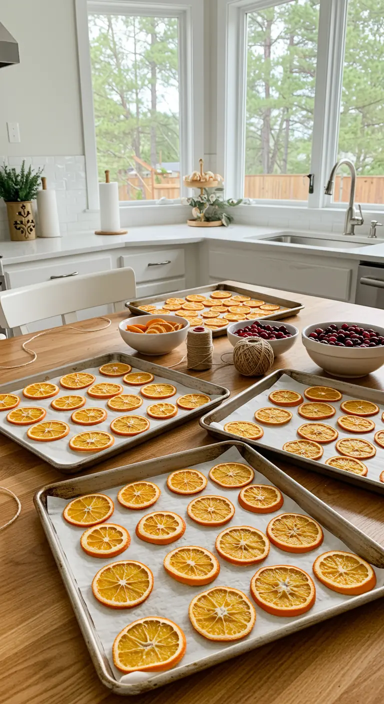 Baking sheets lined with thinly sliced oranges, ready for dehydrating.