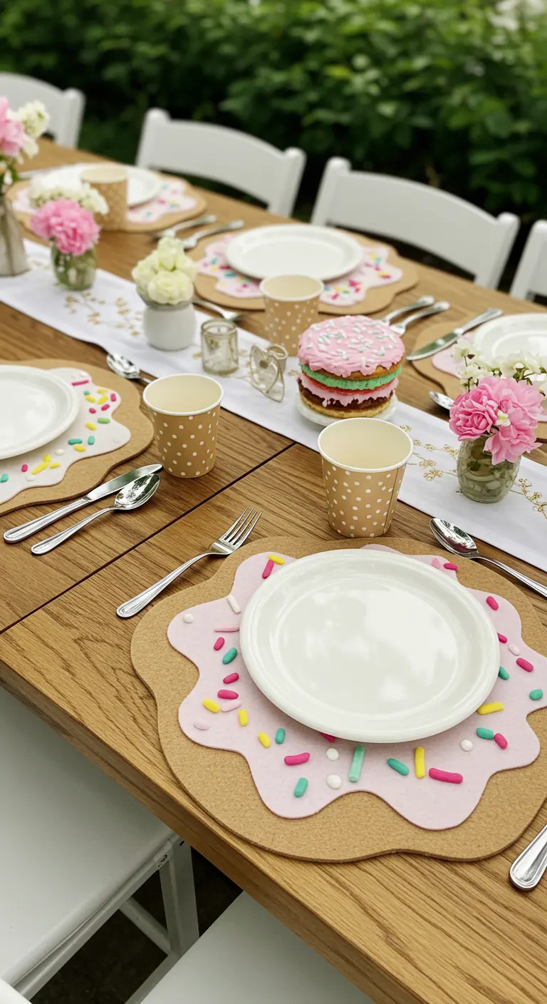 DIY placemats shaped like frosted cookies with sprinkles on a wooden table.