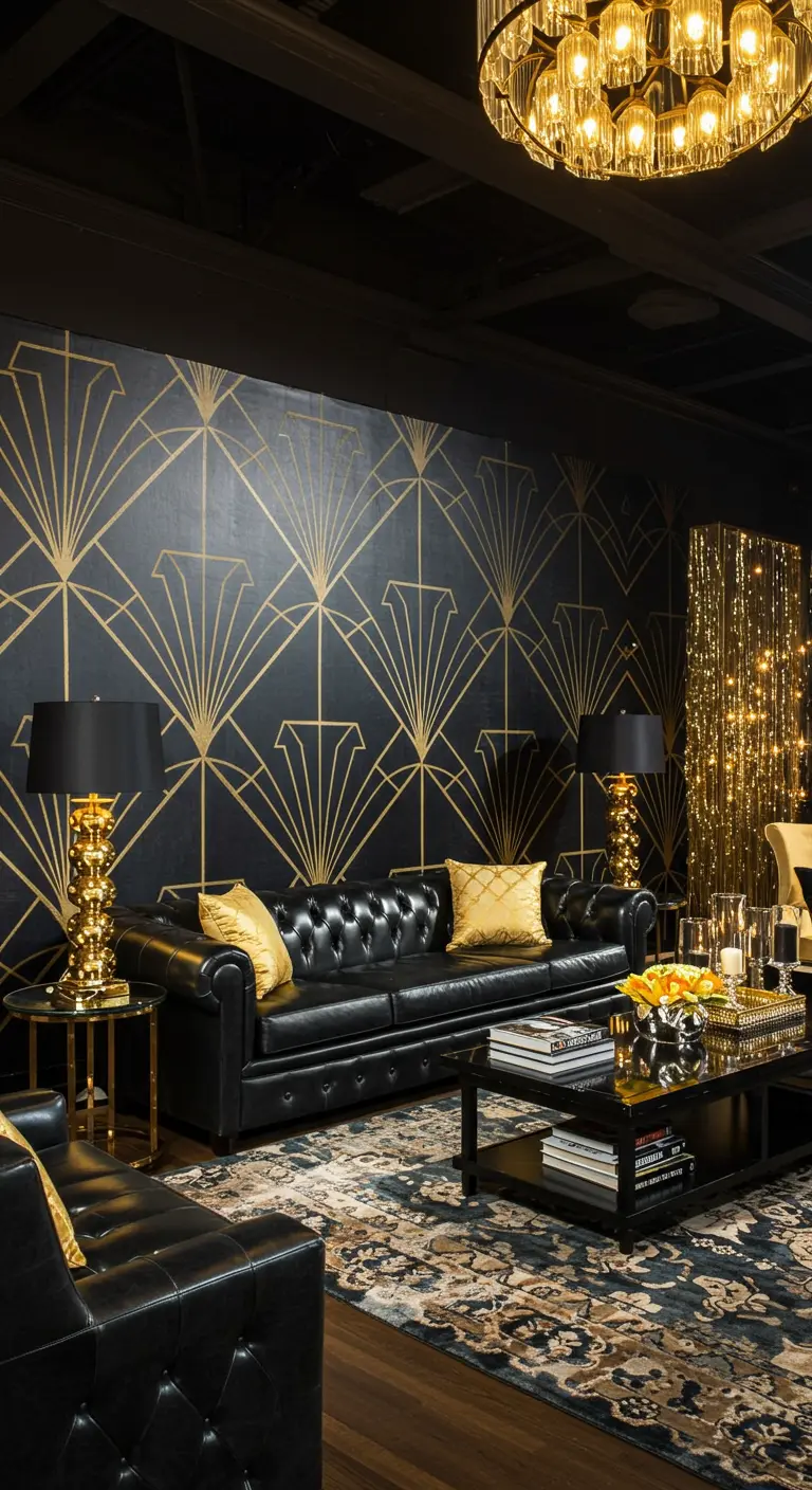 A living room with a black accent wall featuring a gold geometric fan pattern, plus a black leather sofa.