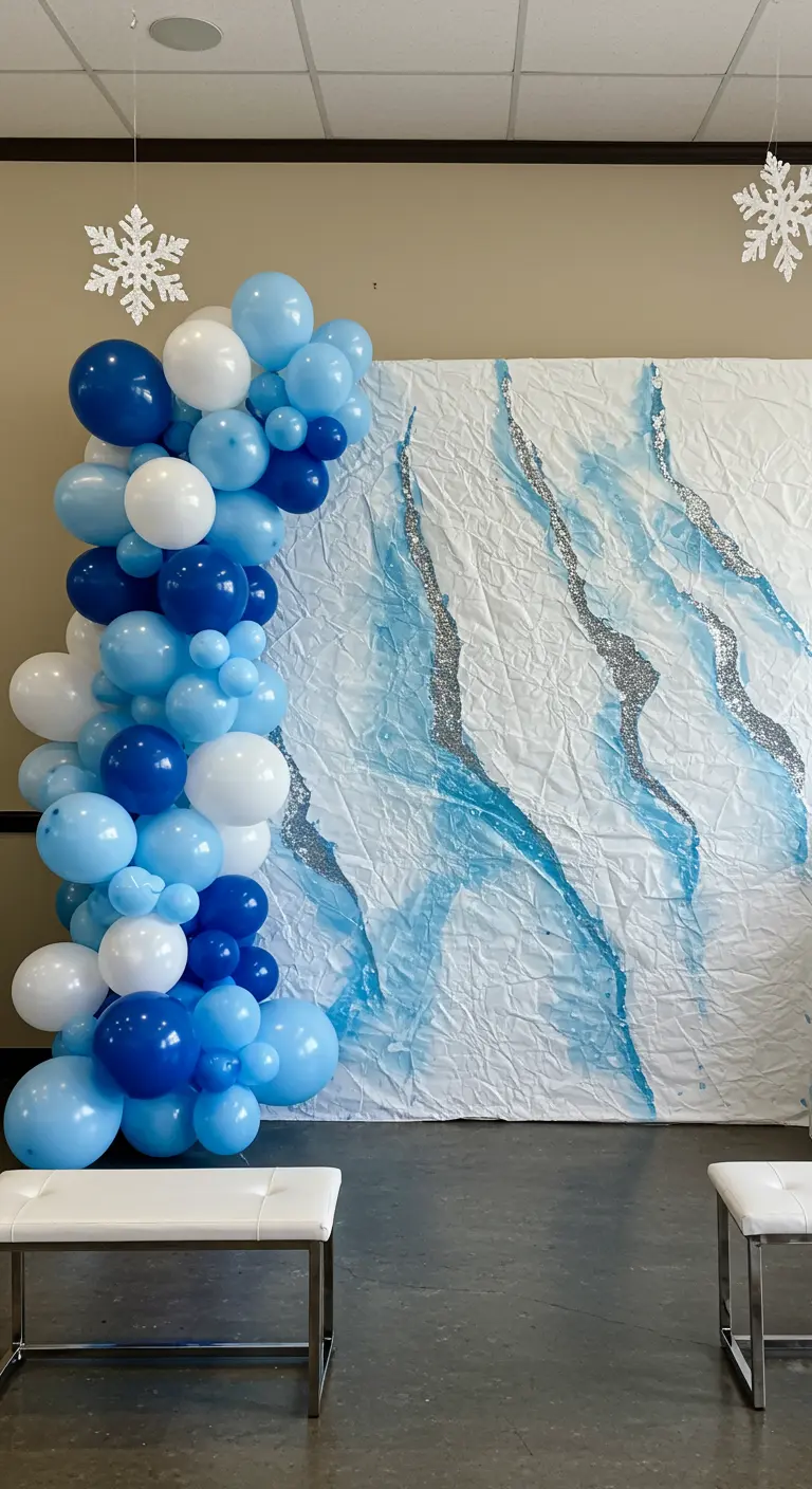DIY textured backdrop of a glacier with blue paint streaks and silver glitter.