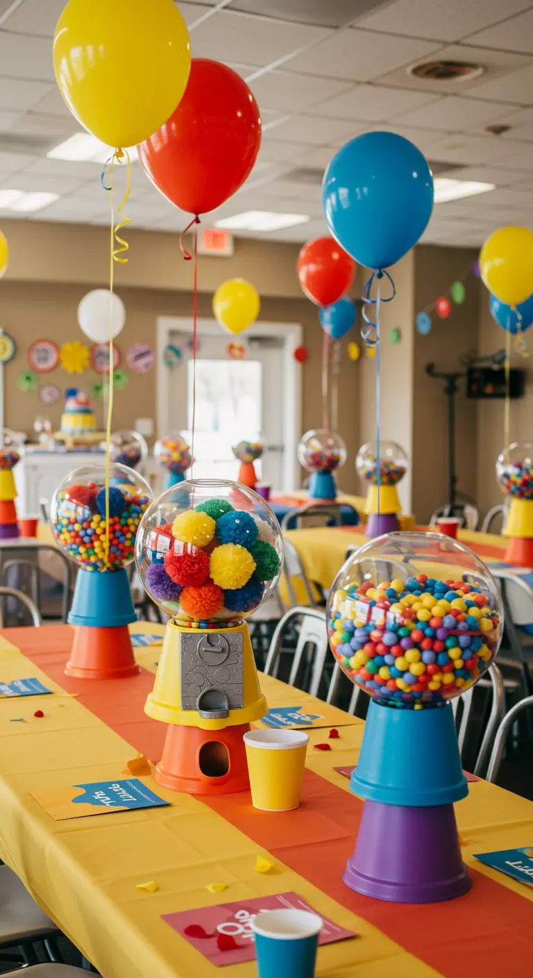 DIY gumball machine centerpieces made with flower pots and fishbowls.