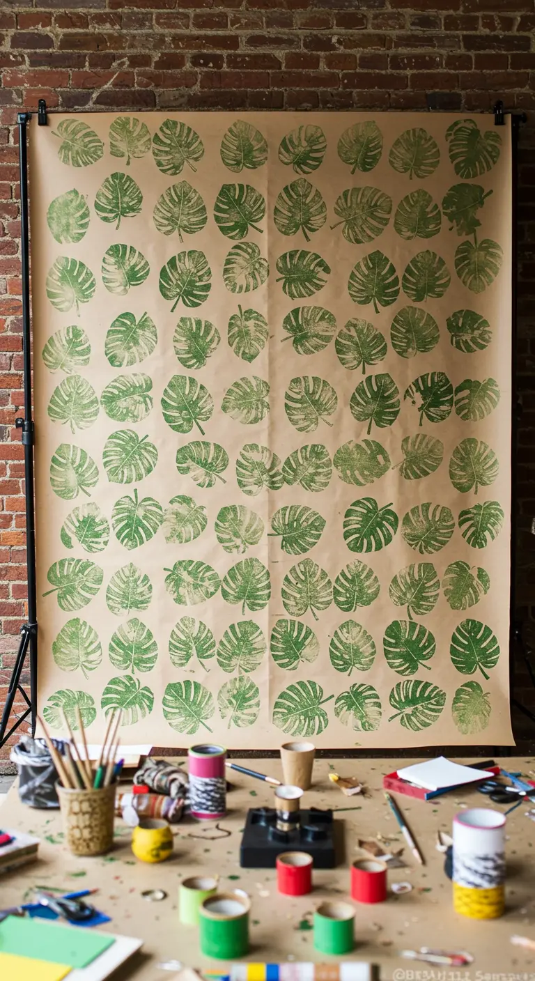 A roll of brown kraft paper stamped with a repeating green monstera leaf pattern.