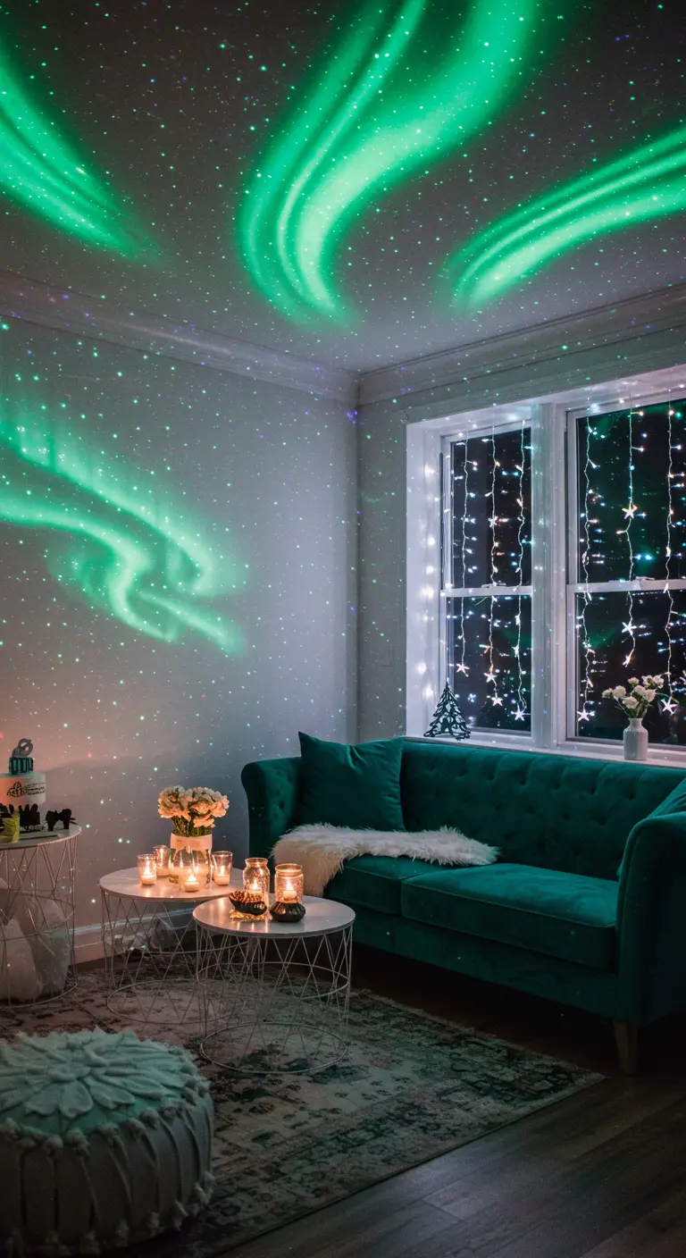 An aurora borealis light projection on the ceiling of a cozy living room.
