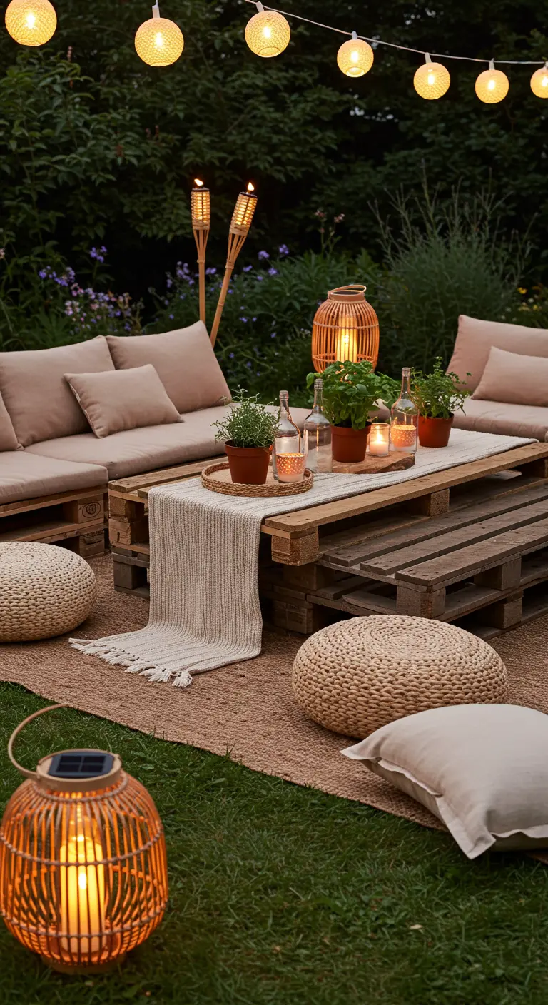 Outdoor pallet sofa on a jute rug with rattan lanterns and woven poufs.