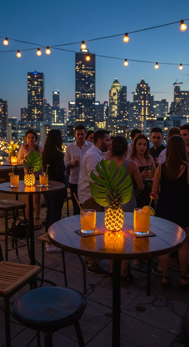 Hollowed-out pineapples with lights inside used as lanterns on a rooftop bar