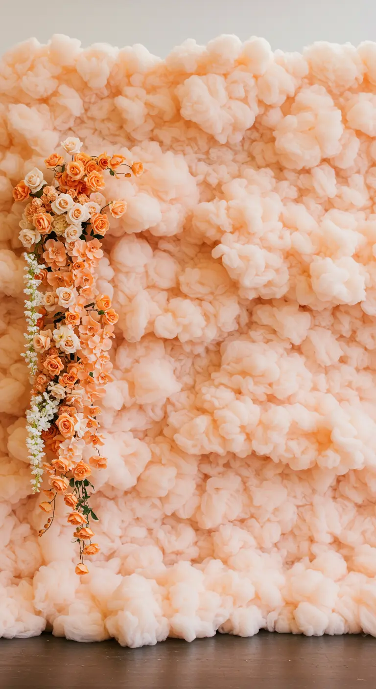 A close-up of a wall made of fluffy, cloud-like peach tulle with a floral cascade.