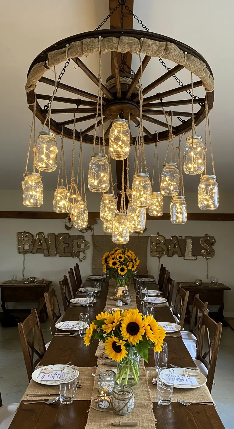 A chandelier made from a wagon wheel and hanging mason jars filled with fairy lights.