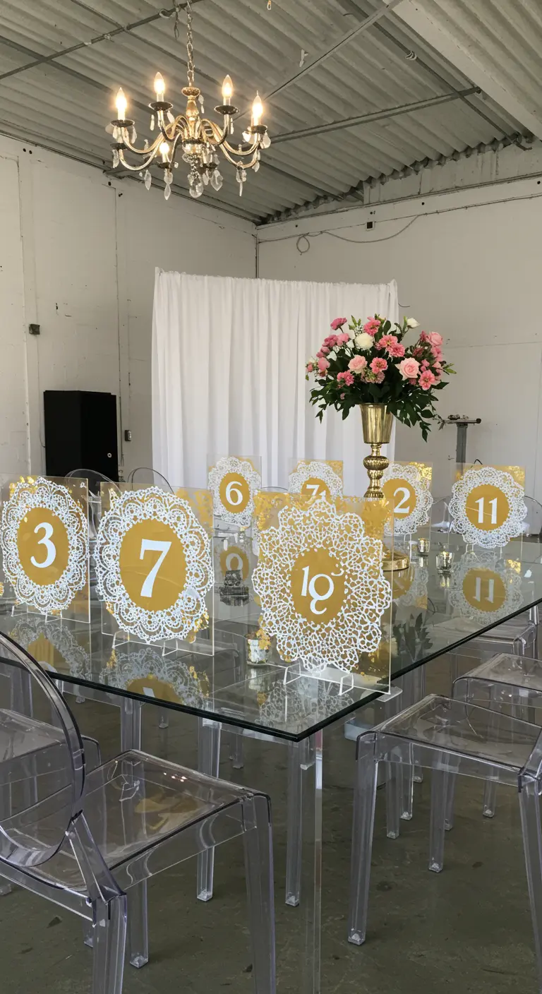 DIY table numbers made with white doilies on gold backgrounds, displayed in acrylic holders.