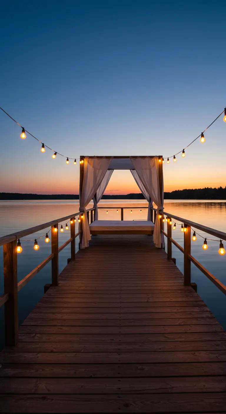 Canopy bed at the end of a wooden dock over a lake at sunset.