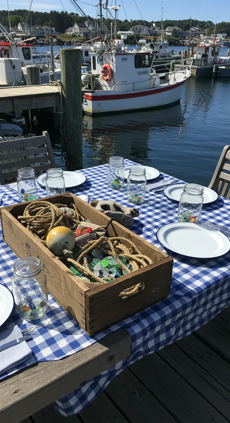 A dockside table with a gingham cloth and a crate filled with rope and sea glass.