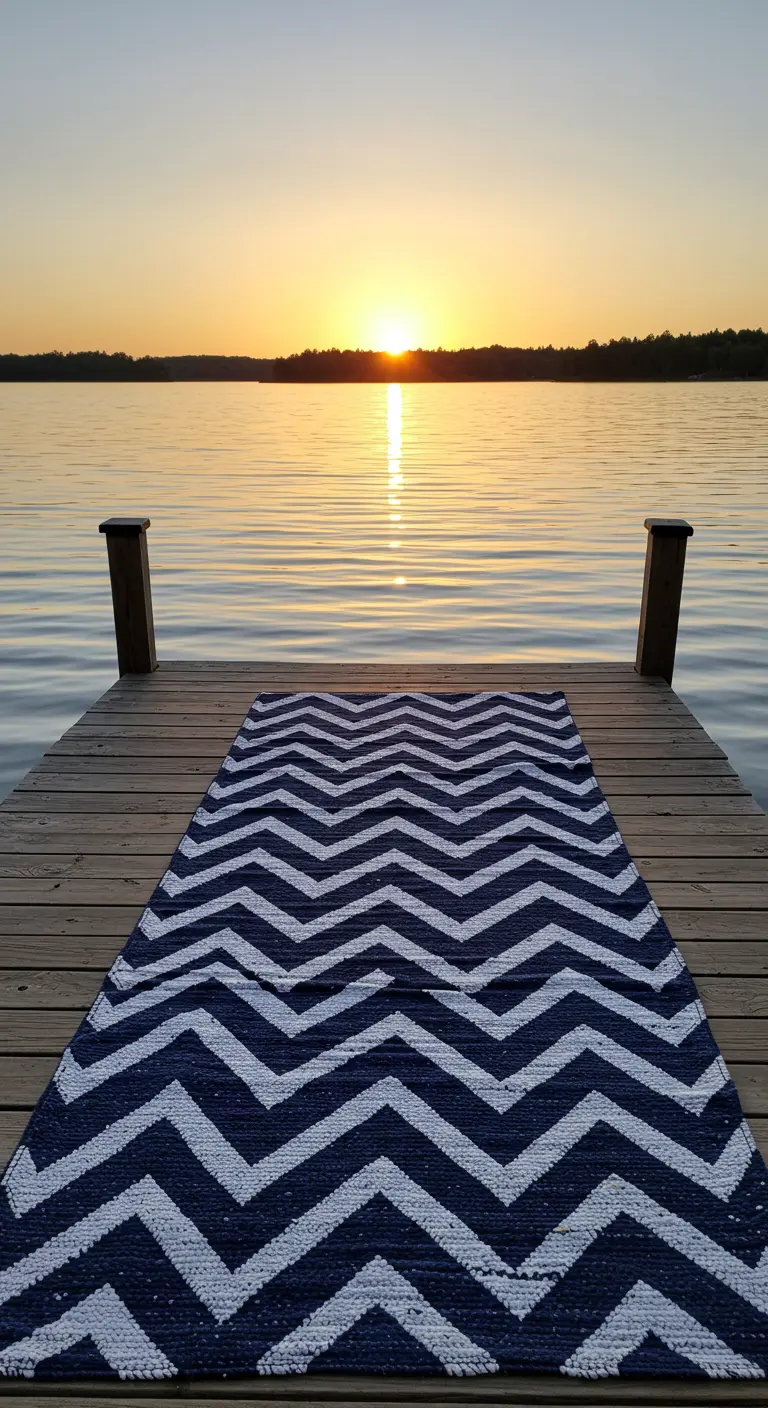 A navy and white chevron rug laid out on a wooden dock overlooking a lake at sunset.