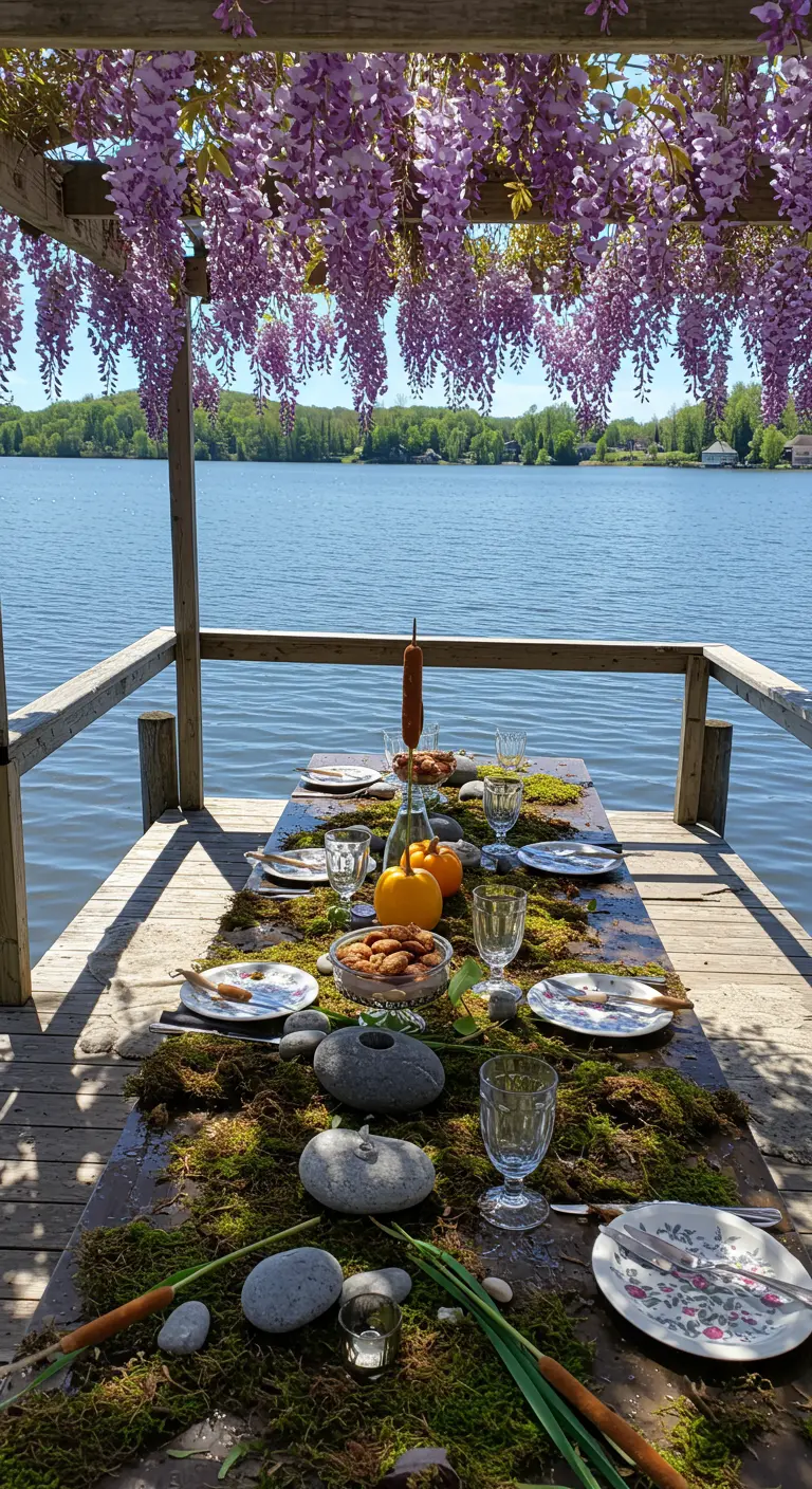 Dinner table set on a lakeside dock with a moss and stone runner and hanging wisteria.