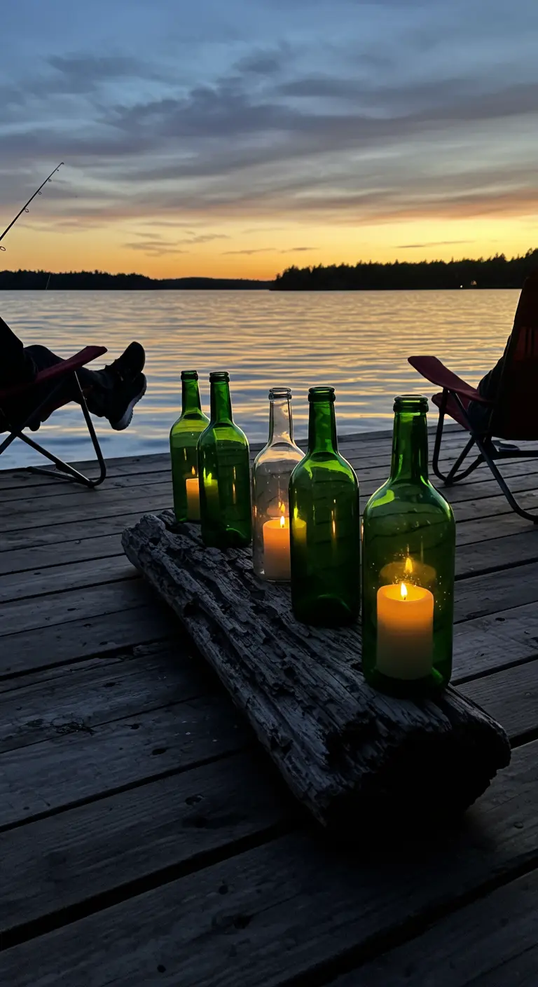 A driftwood log with a cluster of wine bottle candles on a dock at sunset.