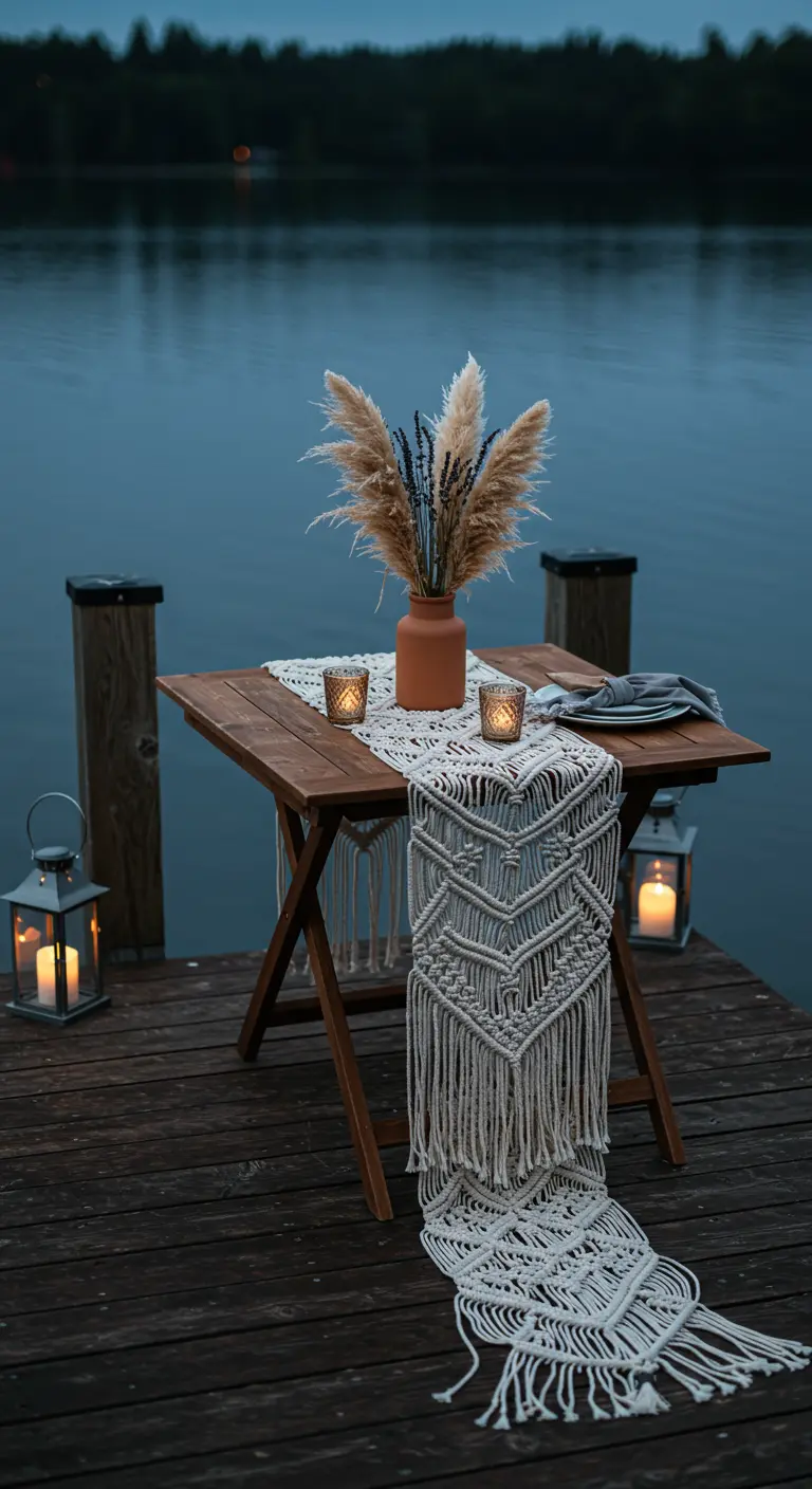 Romantic dinner for two on a lakeside dock with a macramé runner and lanterns.