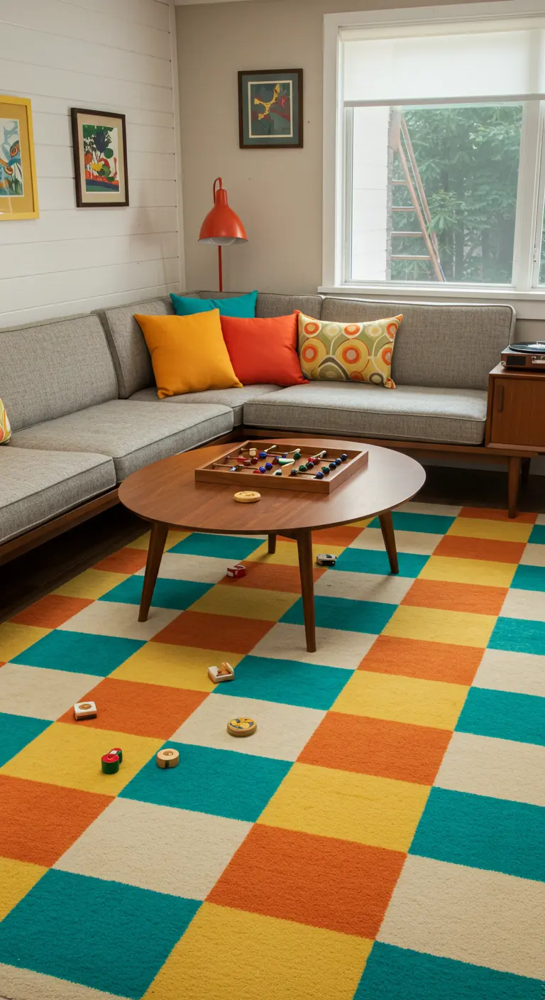 Family room with a colorful checkerboard rug, gray sectional, and mismatched pillows.