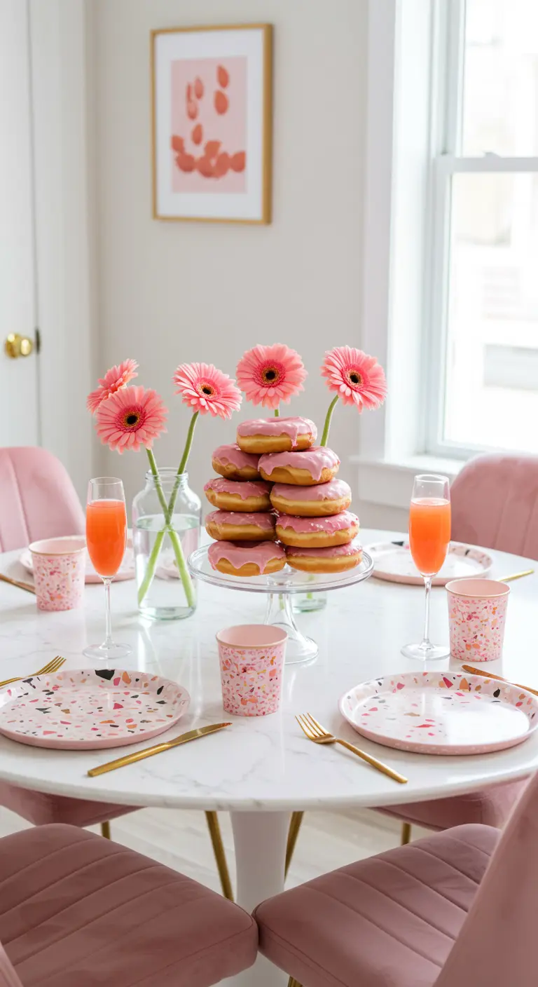 Brunch table with a tower of pink donuts, terrazzo plates, and pink drinks.