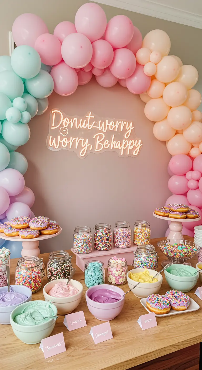 A DIY donut decorating bar with bowls of sprinkles and a neon sign under a pastel balloon arch.