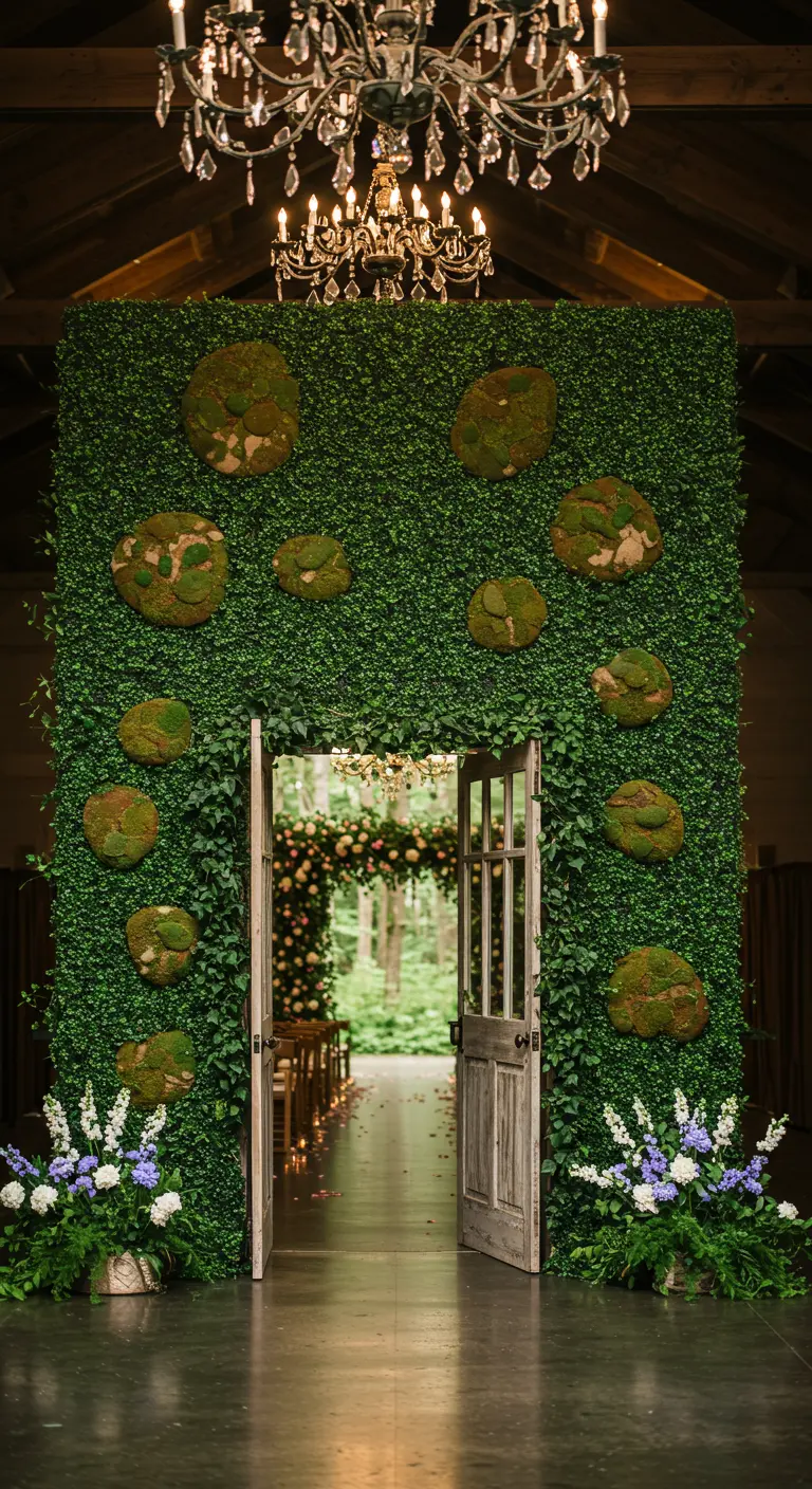 A large ivy wall with a wooden door and mossy accents, serving as an entrance.