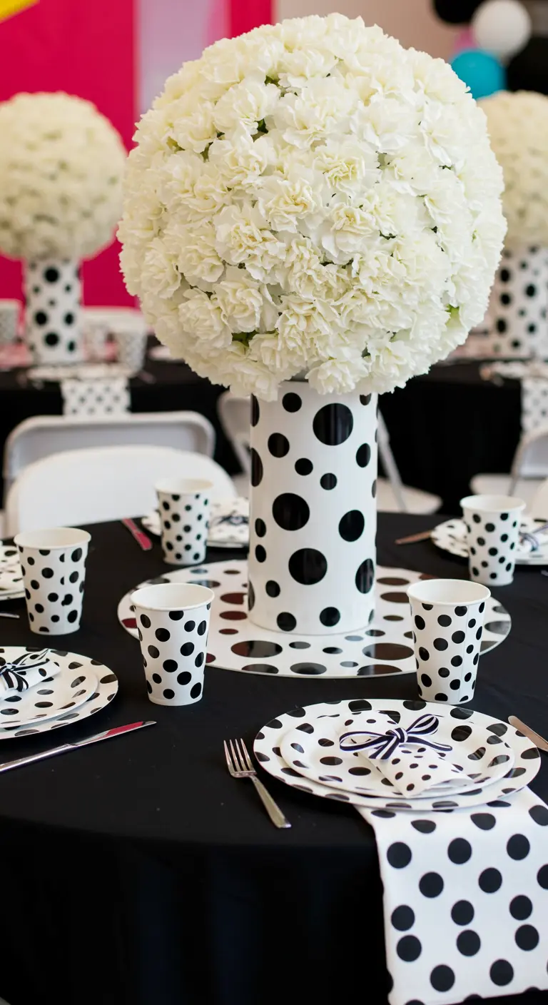 A fun, modern party table decorated entirely in black and white polka dots.