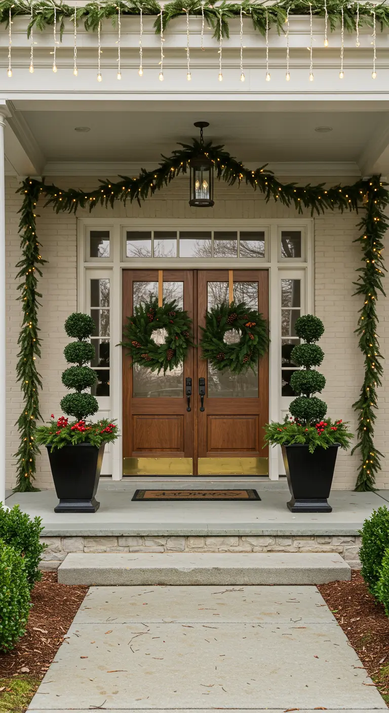 A grand entrance with double wooden doors, two wreaths, and symmetrical topiary planters.
