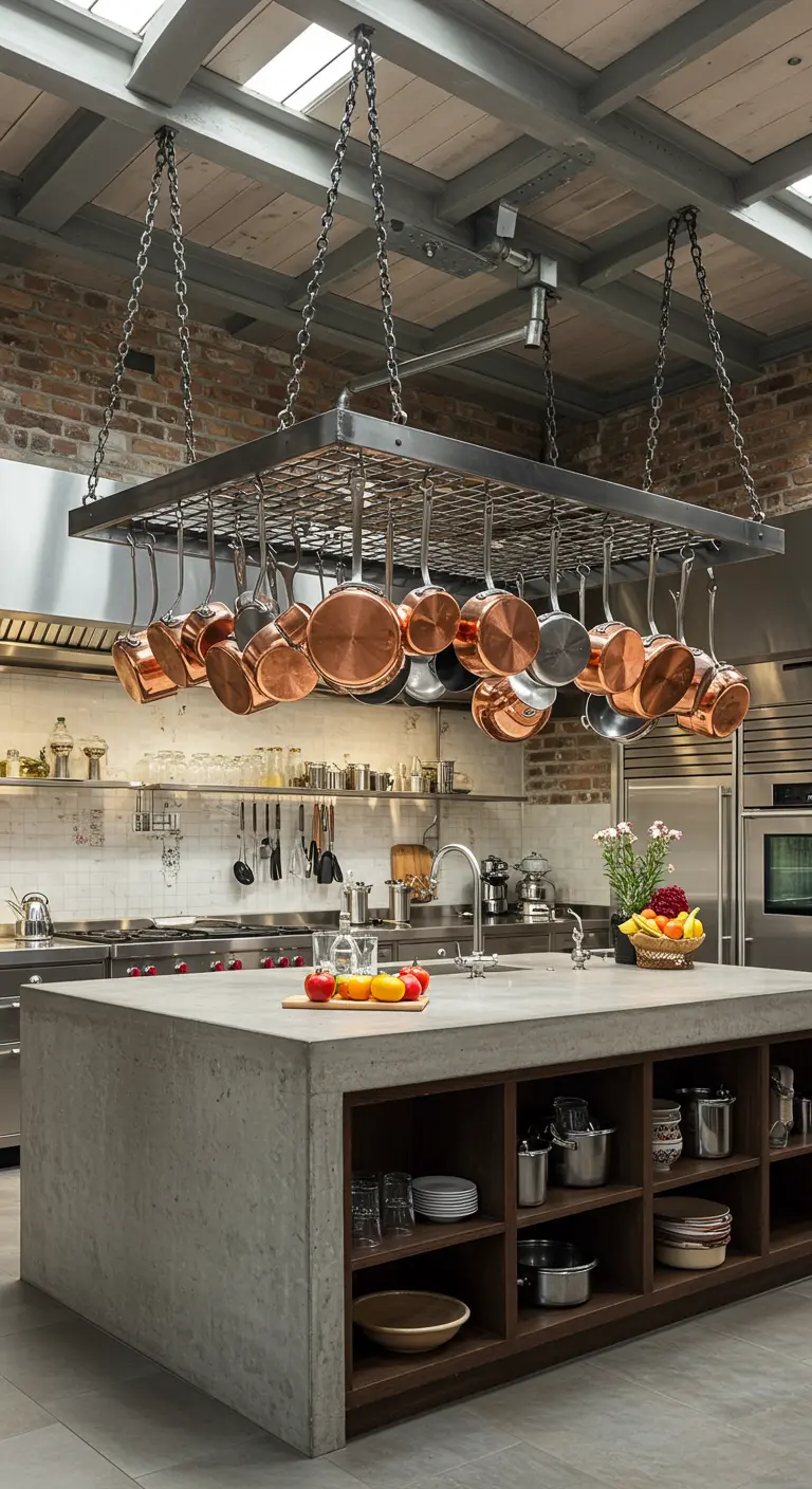 Large industrial kitchen with a concrete island, open shelving, and a massive hanging pot rack.