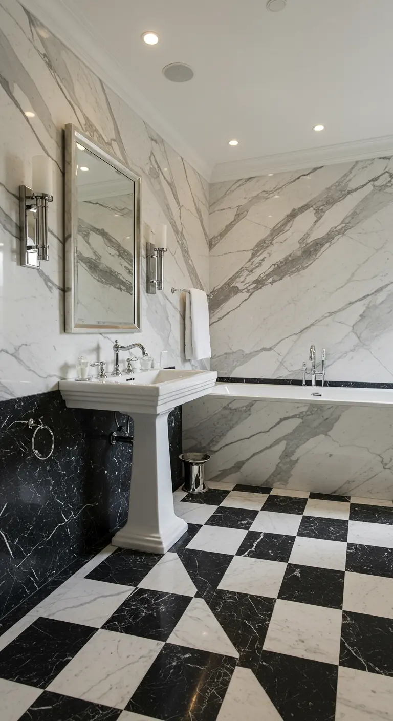 Luxurious bathroom with black and white marble on both the floor and the walls.