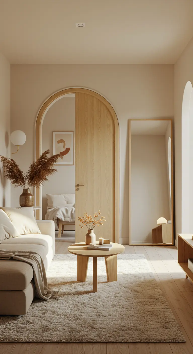 A neutral-toned living room with an arched wooden door and a large rectangular floor mirror.