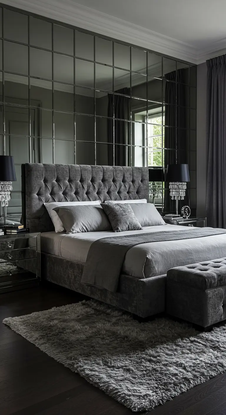 Glamorous gray bedroom with a full wall of mirror tiles behind a tufted velvet bed.
