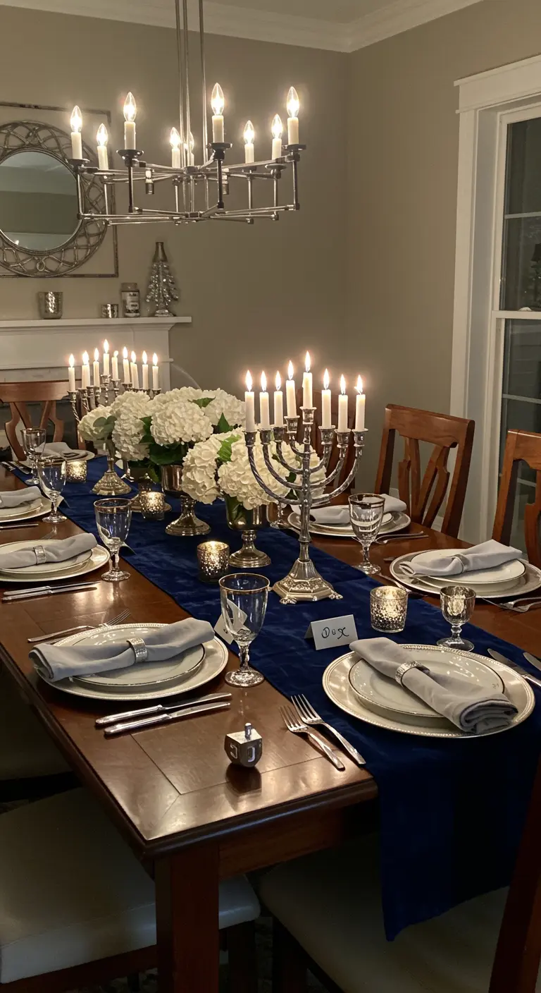 An elegant Hanukkah table with a navy runner, two silver menorahs, and white hydrangeas.