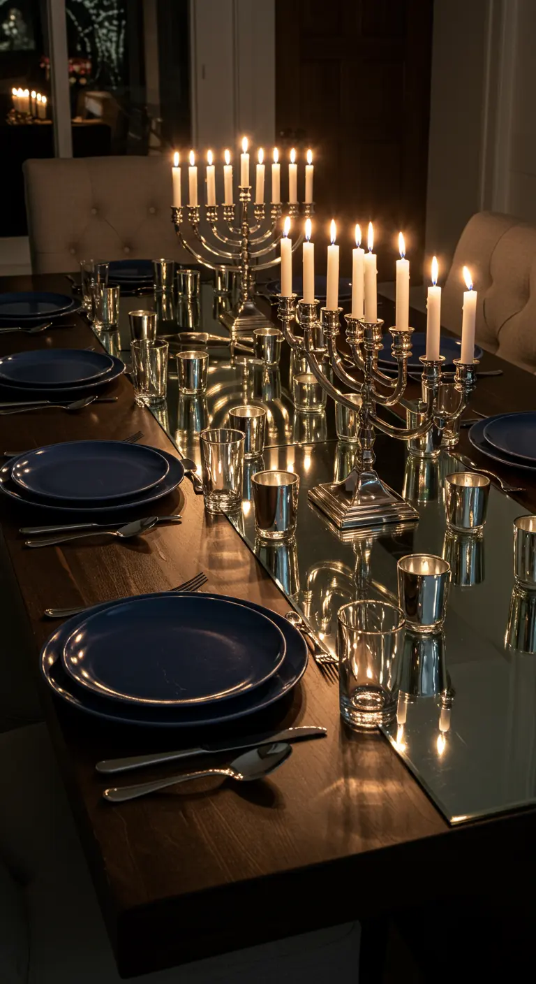 A long dining table with a mirrored runner reflecting the light from multiple menorahs.