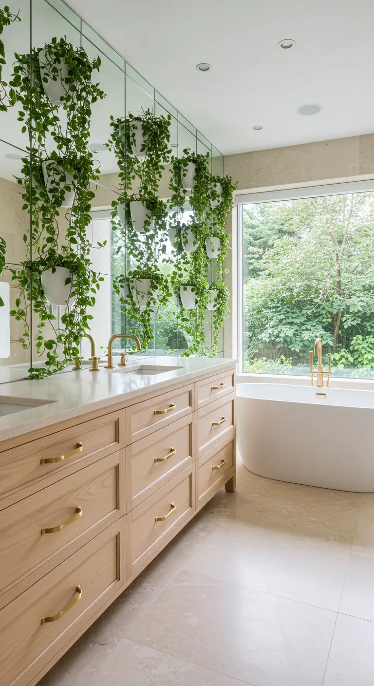 Bathroom with a wood vanity and hanging plants reflected in a mirrored wall.