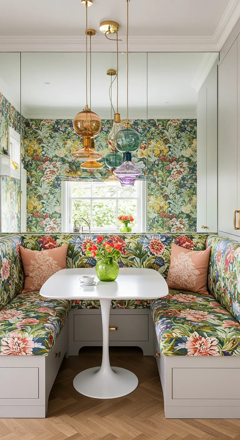 Dining nook with floral wallpaper and banquette, a mirrored wall, and colored glass lights.