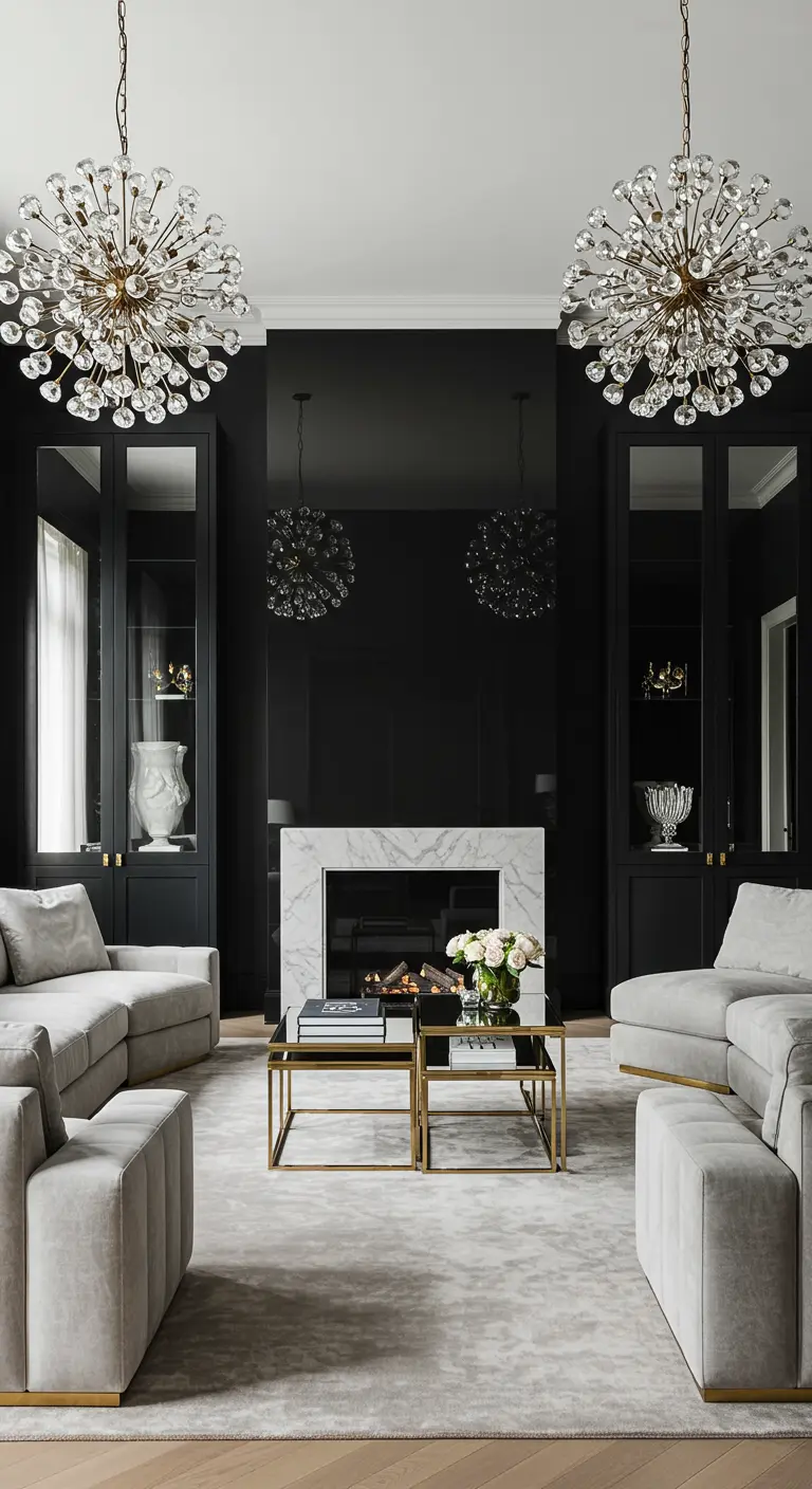 Symmetrical living room with twin chandeliers, a black fireplace wall, and two gray sofas.